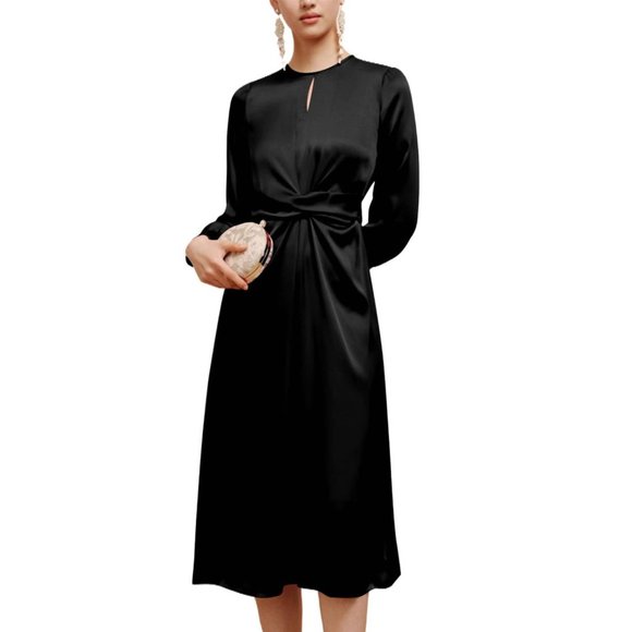 Black Twist Front Tie Back Long Sleeve Satin Dress - Picture 16 of 16